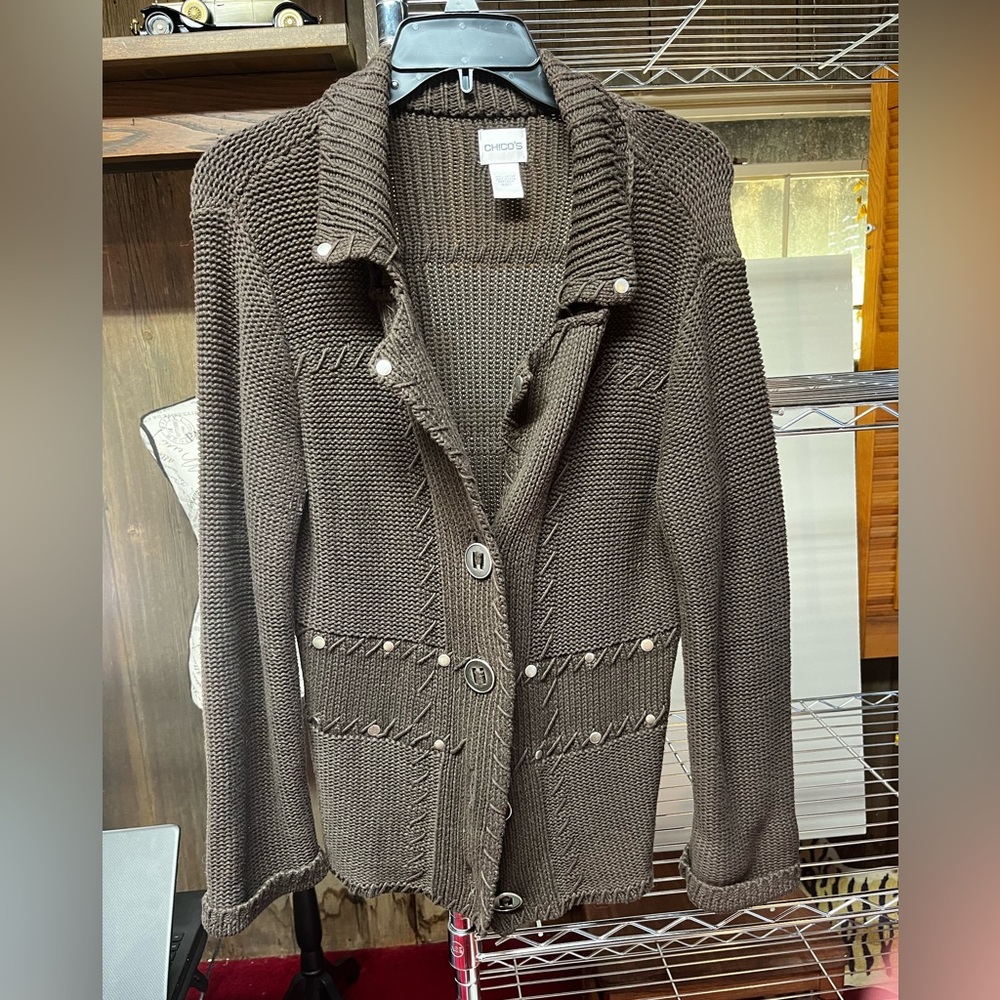 Chicos brown cardigan, embellished sweater, new without tags.